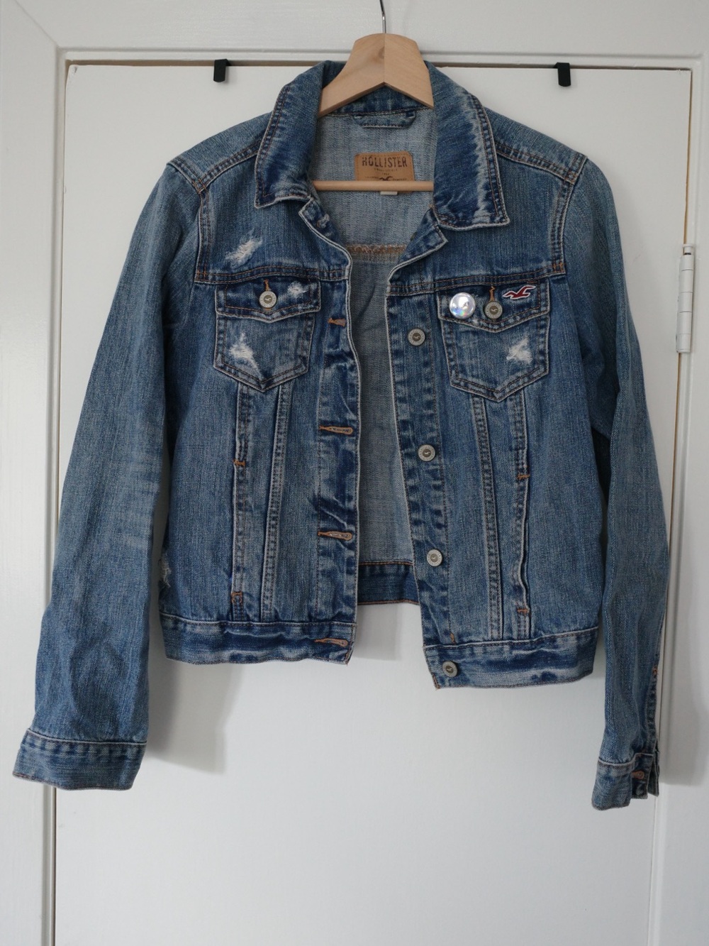 Hollister Women's Distressed Medium Blue Denim Jacket
